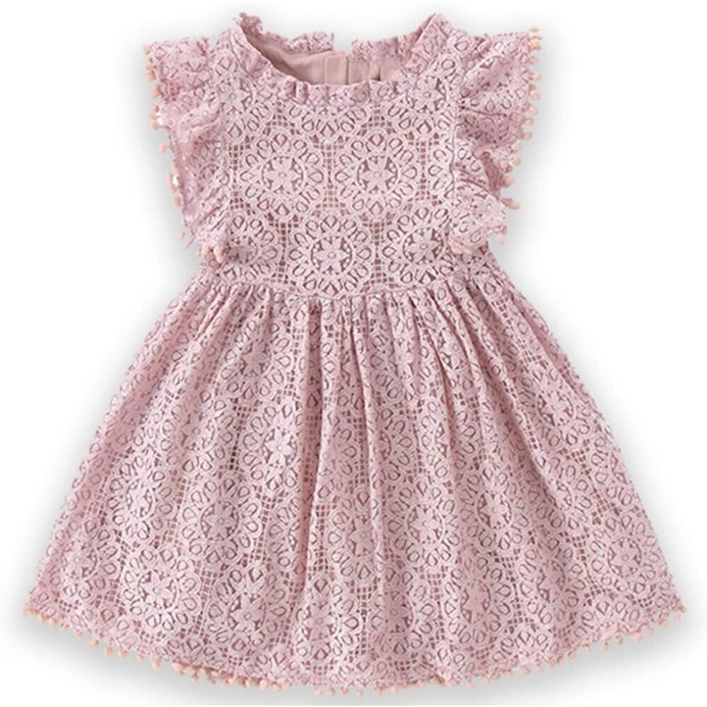 🆕Toddler Girls Pink Cotton Lace Floral Pompoms Elegant Retro Swing Party Dress